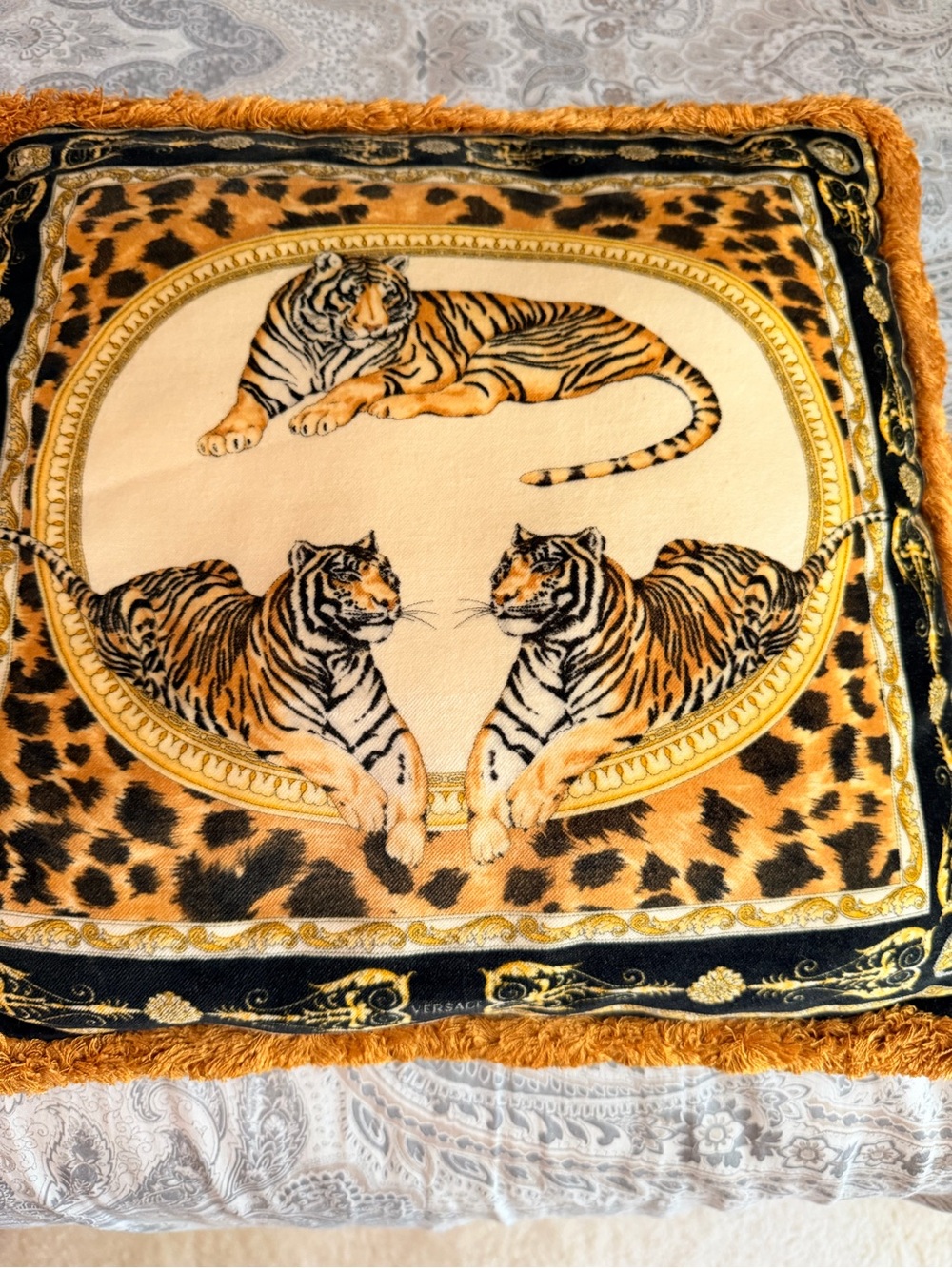 VERSACE Tiger Print Decorative Velvet Pillow - Gold, Black, Tan